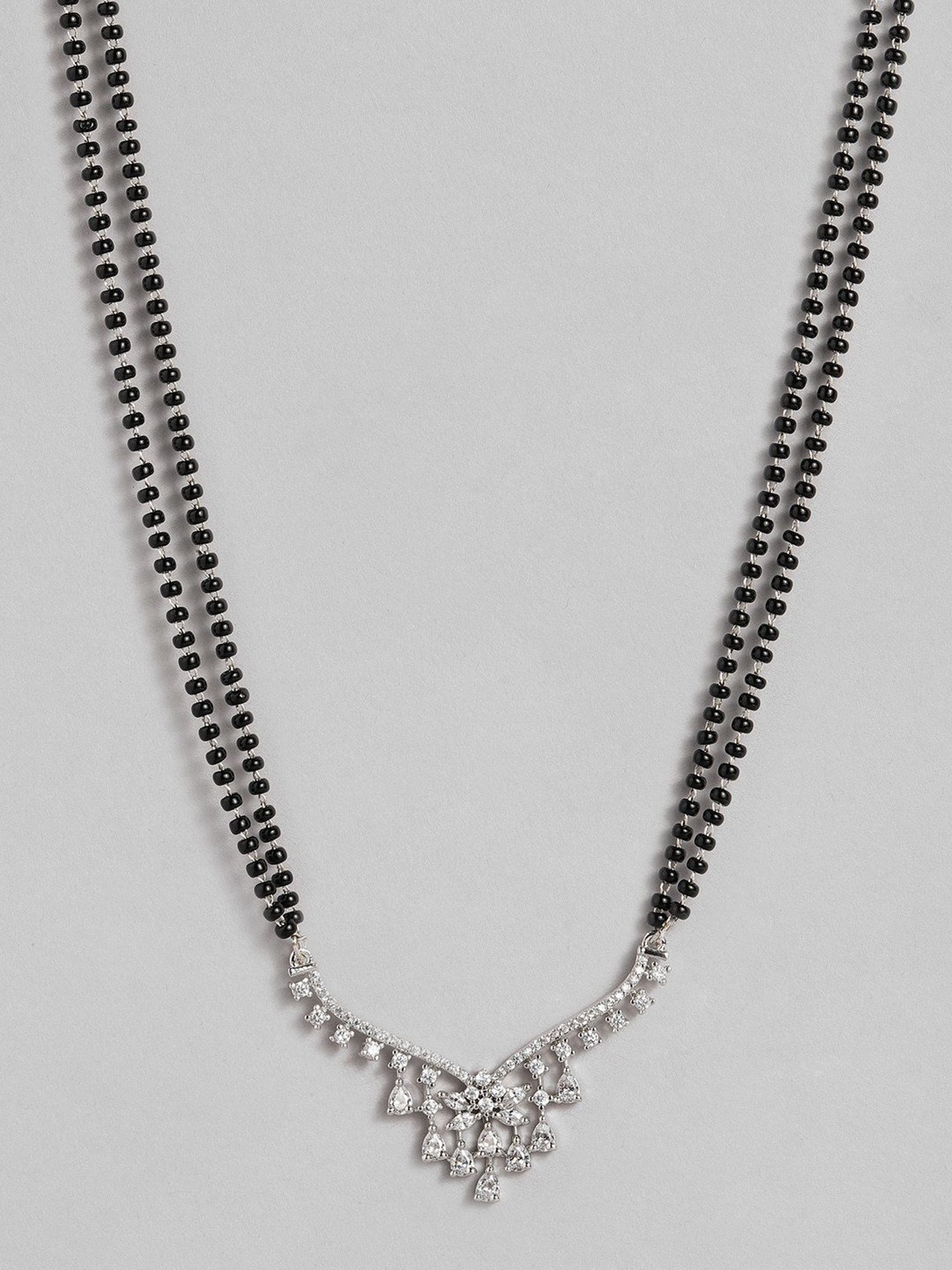Abdesigns Silver-Plated American Diamond & Black Beaded Mangalsutra