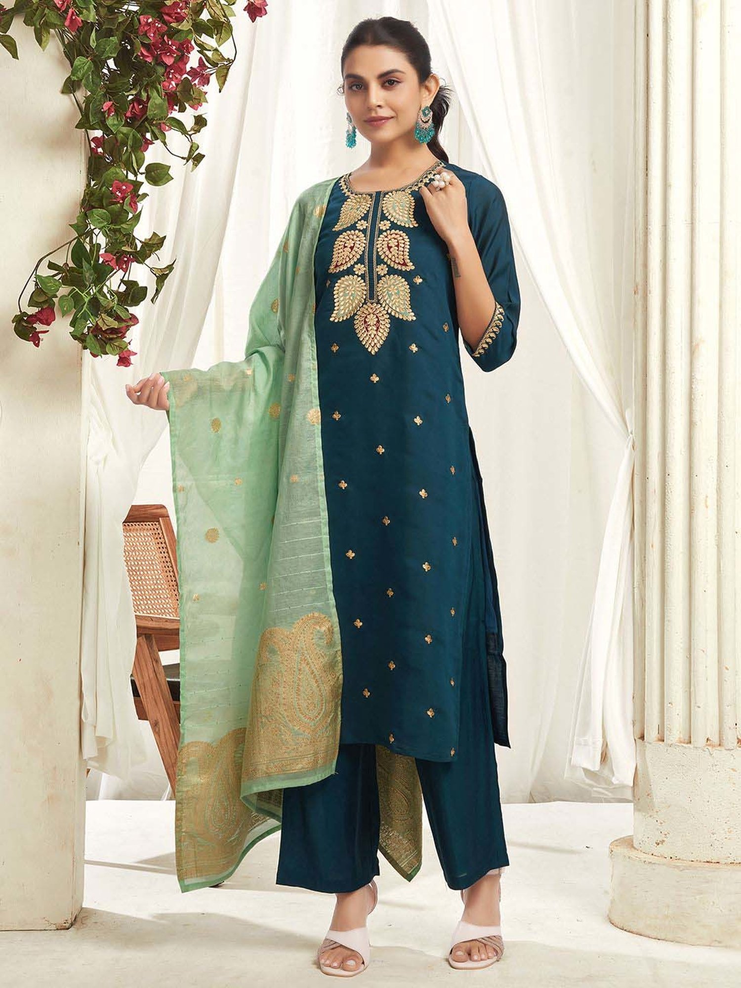 Skylee Blue Embroidered Kurta Palazzo Set With Dupatta