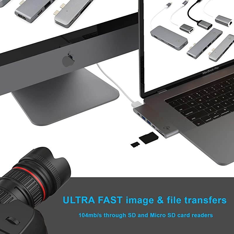 USB C Hub for MacBook Pro 16", 15", 13", 2020 (M1), 2019, 2018, MacBook Air 2020 (M1), 2019, 2018, 100W Power, HDMI 4K, 2 USB 3.0, microSD, SD card reader, USB C port. MacBar USBC Adapter.