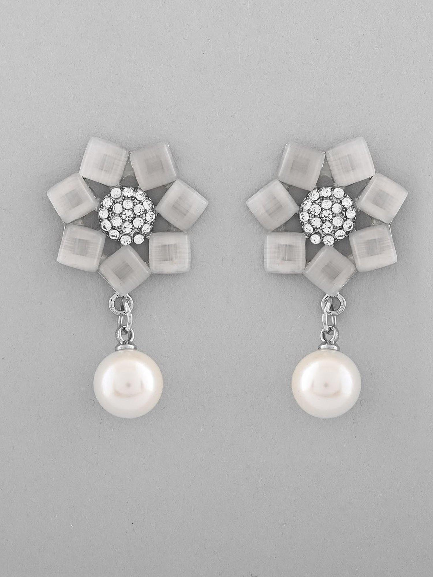 VOJ Silver Plated Floral Stone Studded Earrings for Women