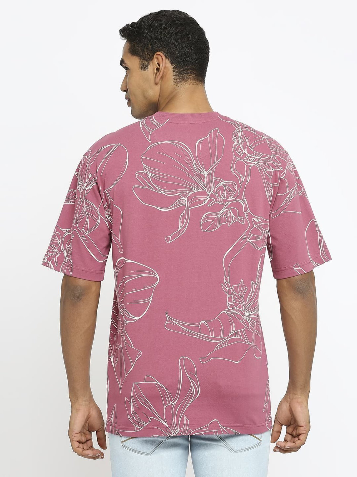 Basics Maroon Cotton Relaxed Fit Printed T-Shirt