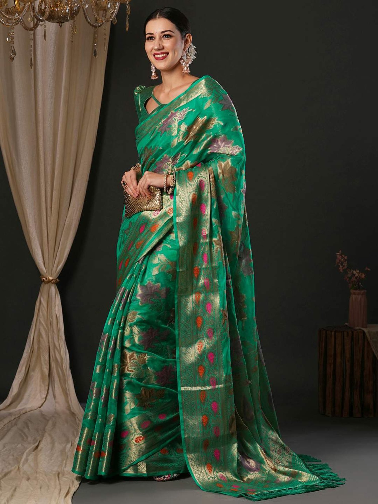 Saree Mall Green Woven Saree With Unstitched Blouse