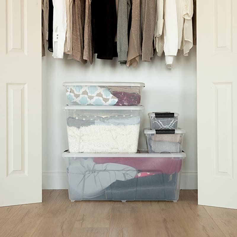 USA TB Clear Plastic Storage Bin Tote Organizing Container with Durable Lid and Secure Latching Buckles, 12 Qt, 6 Count