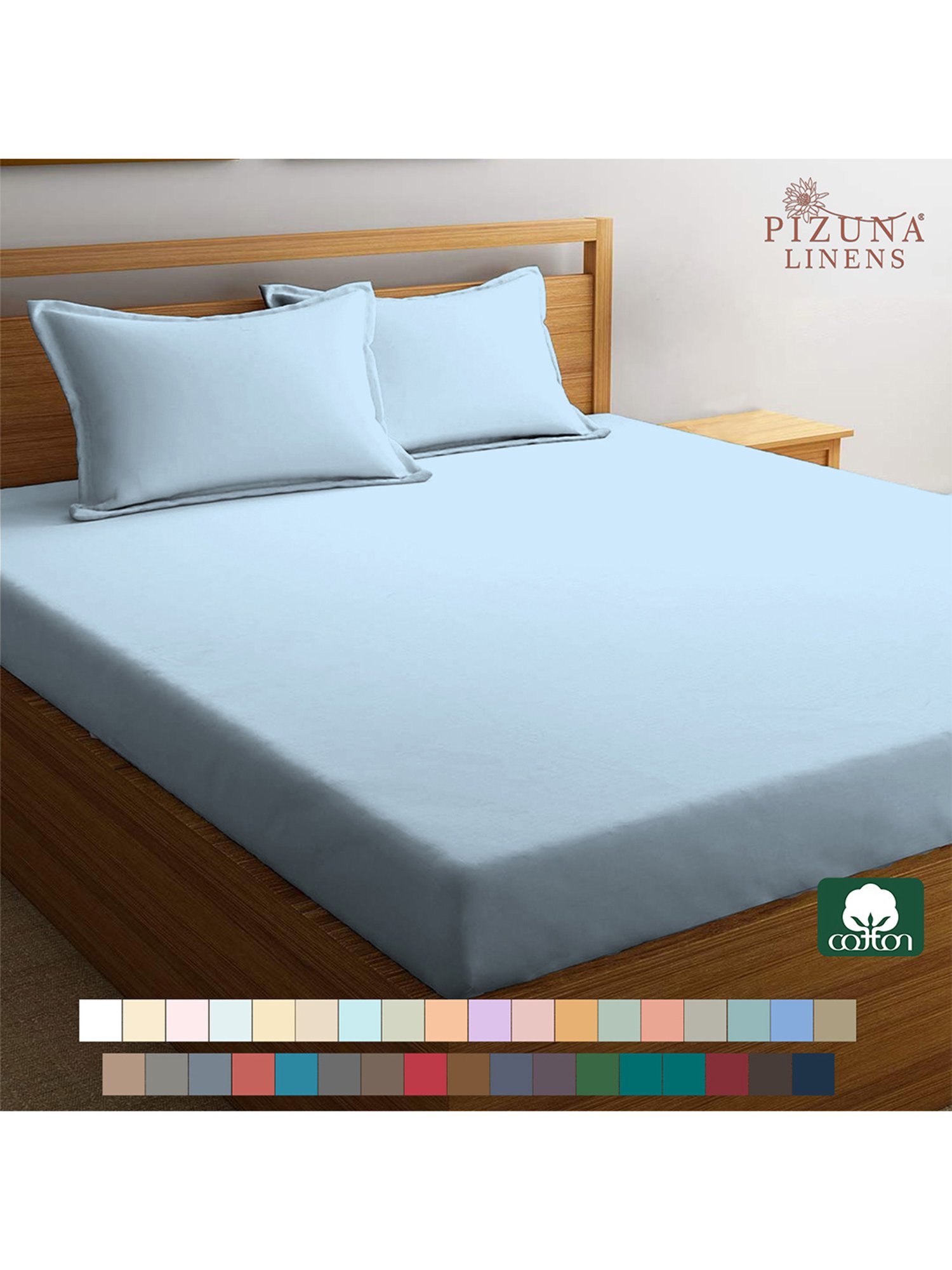 Pizuna Sky Blue 400TC Cotton Fitted Bed Sheet with 2 Pillow Covers