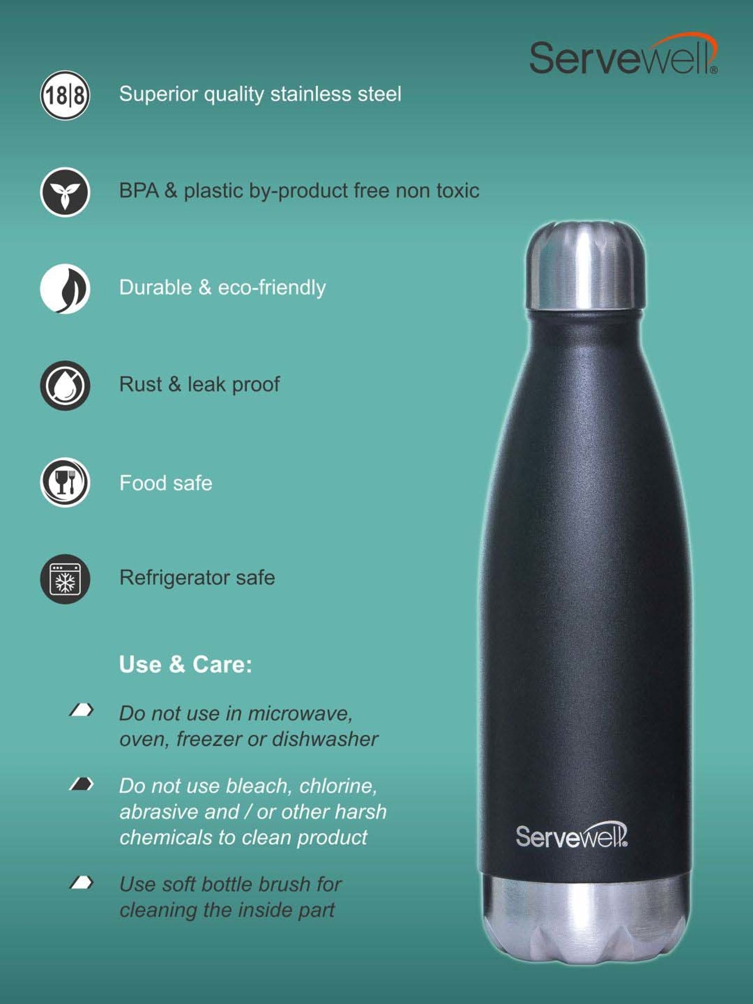 Servewell Jet Black Steel Bali Single Wall Water Bottle (0.75 L)