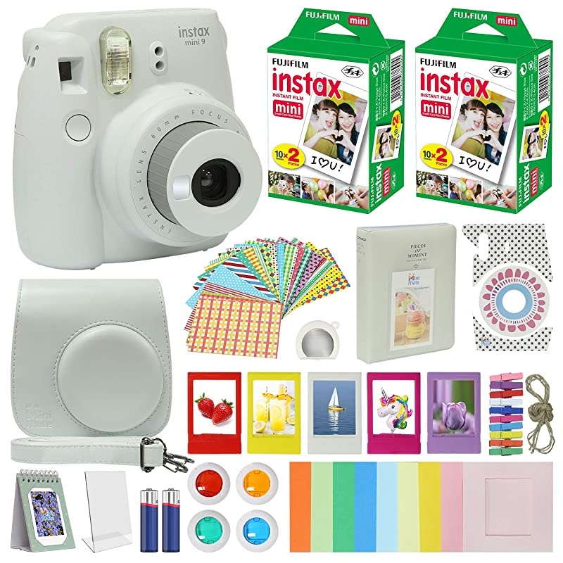 Instax Mini 9 Instant Camera Smokey White with Carrying Case + Fuji Instax Film Value Pack 40 Sheets Accessories Bundle Color Filters Photo Album Assorted Frames Selfie Lens + More