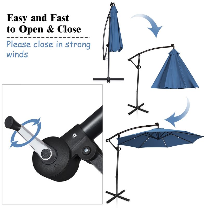 Costway 10FT Patio Offset Umbrella Solar Powered LED 360Degree Rotation Aluminum Blue