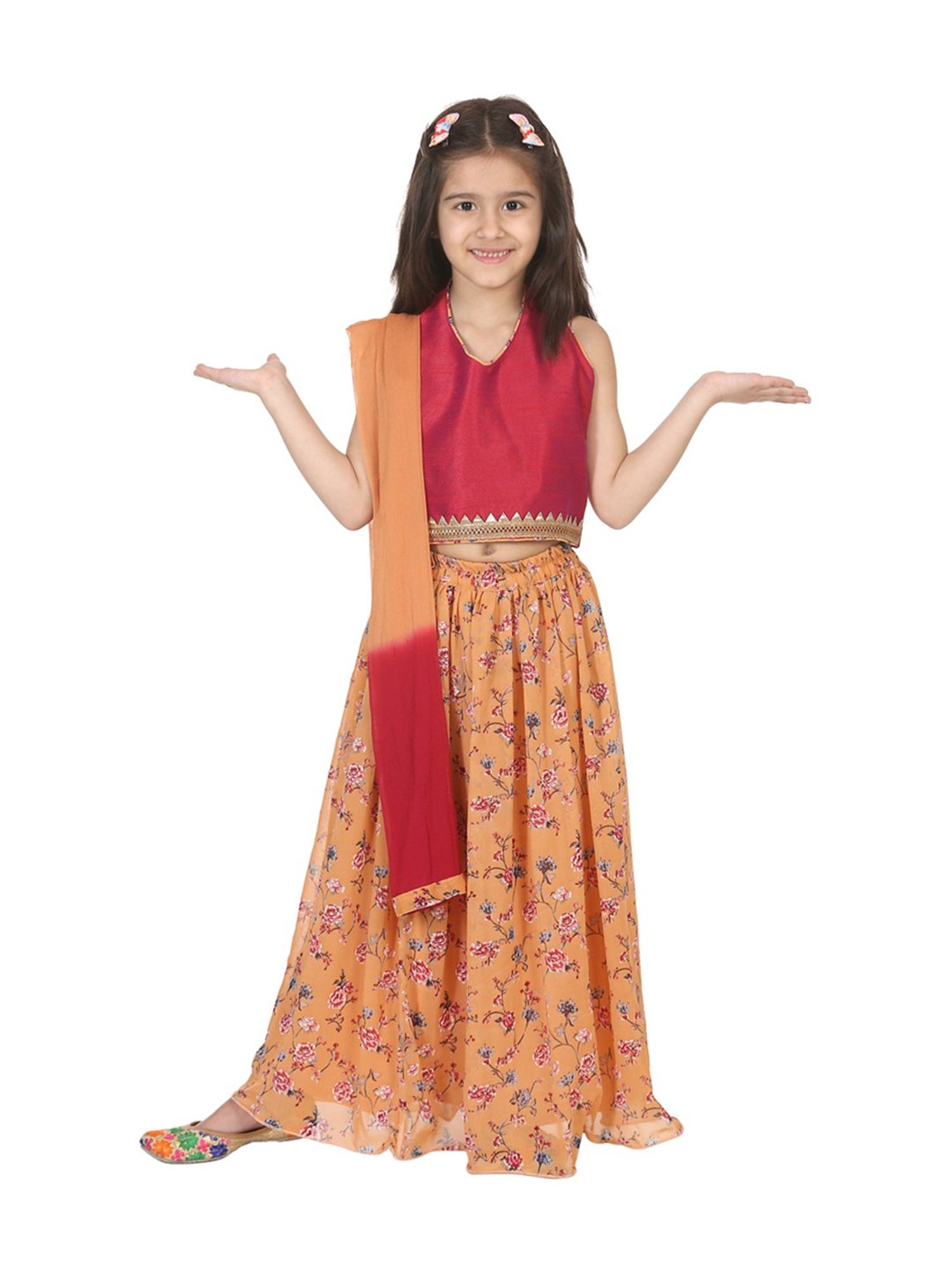 BownBee Kids Pink & Orange Printed Lehenga Choli With Dupatta