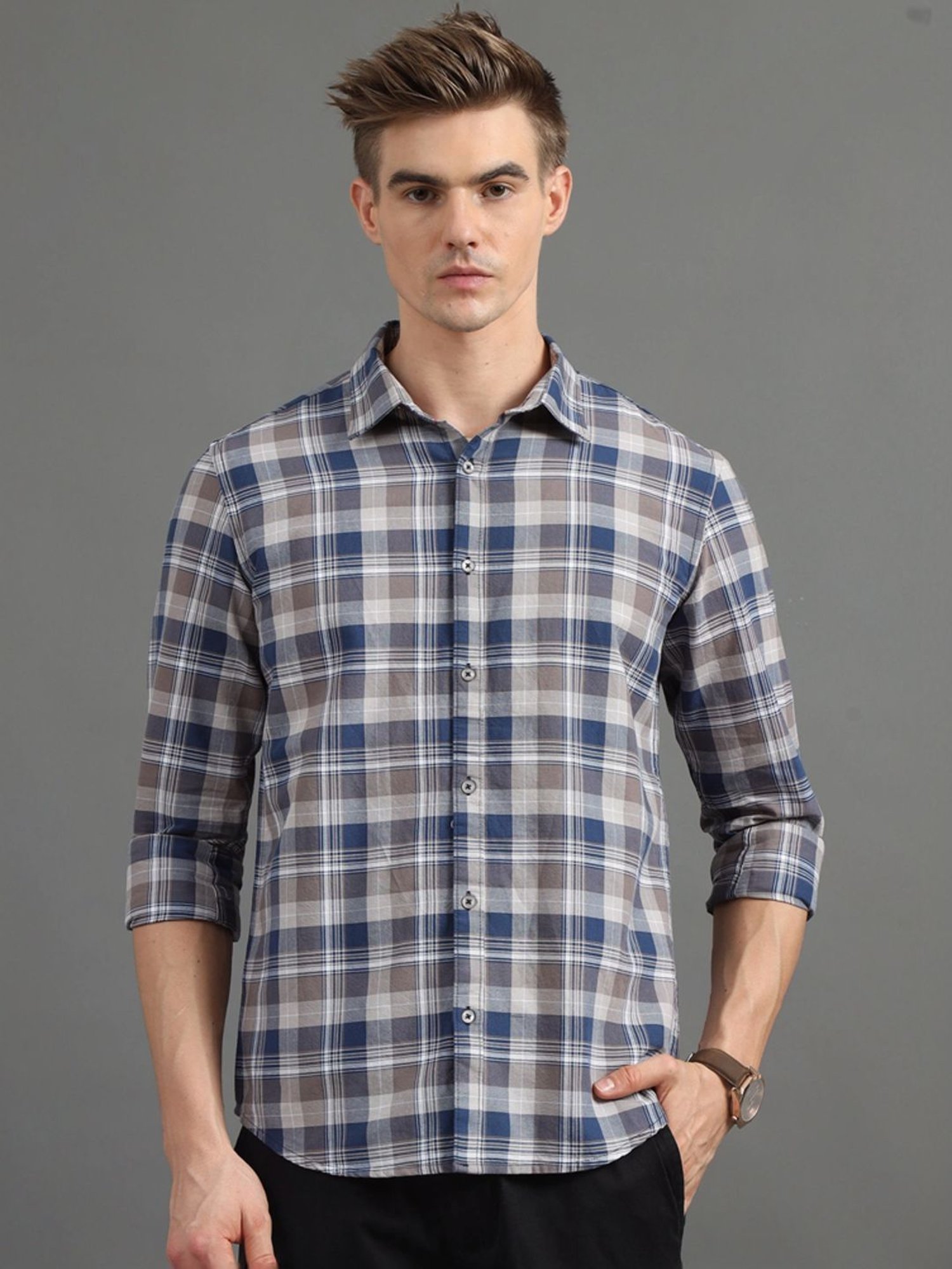 Bushirt Ash Brown Regular Fit Checks Shirt