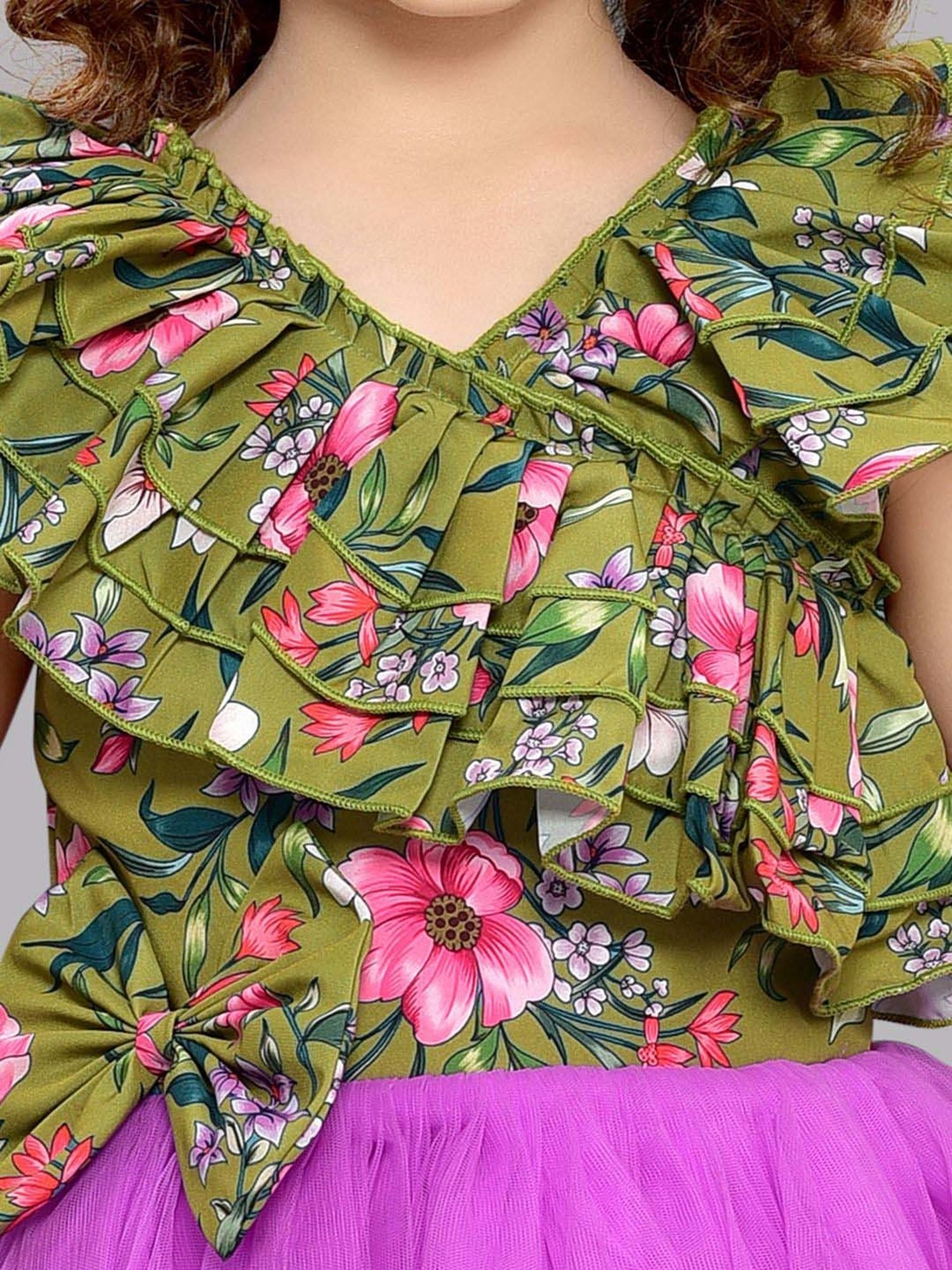 Pink Chick Kids Green & Pink Floral Party Gowns