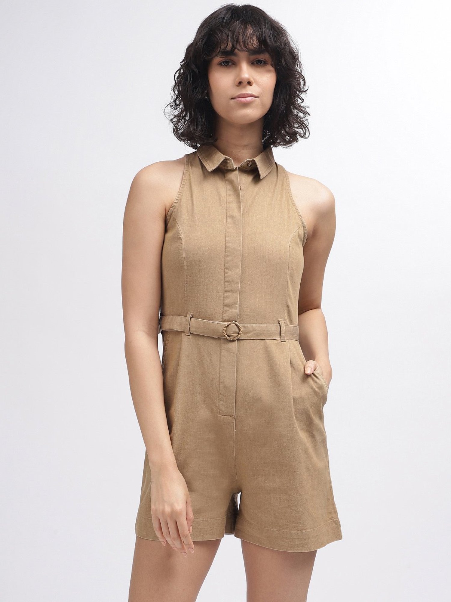 Elle Beige Cotton Mini Playsuit