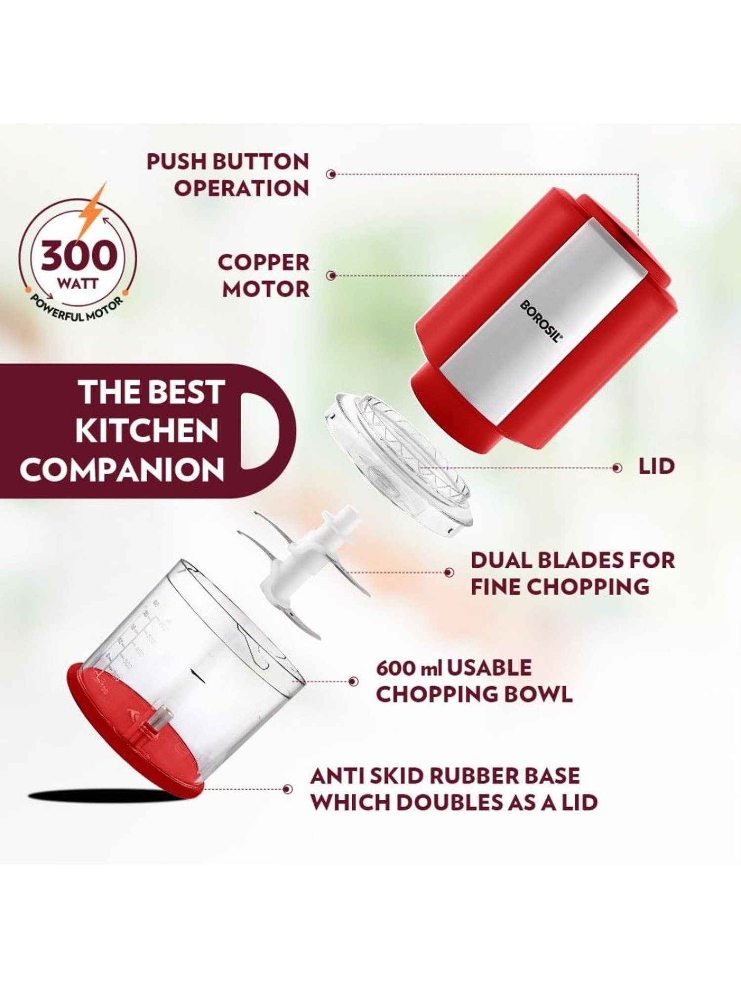 Borosil Chef Delite Electric Chopper 300W plastic bowl with lid (Red)