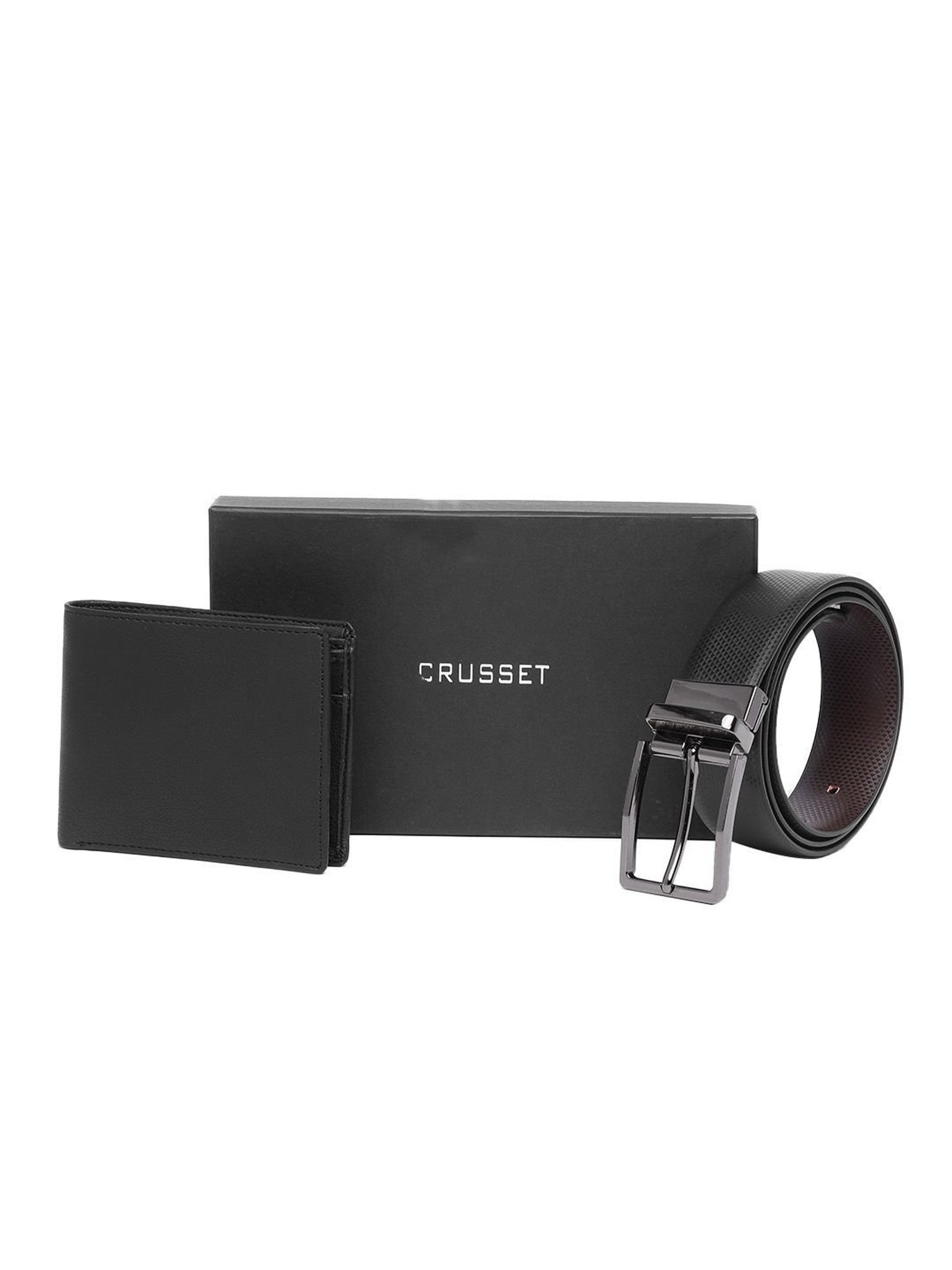Crusset Black Formal Belt & Bi-Fold Wallet Combo Set for Men