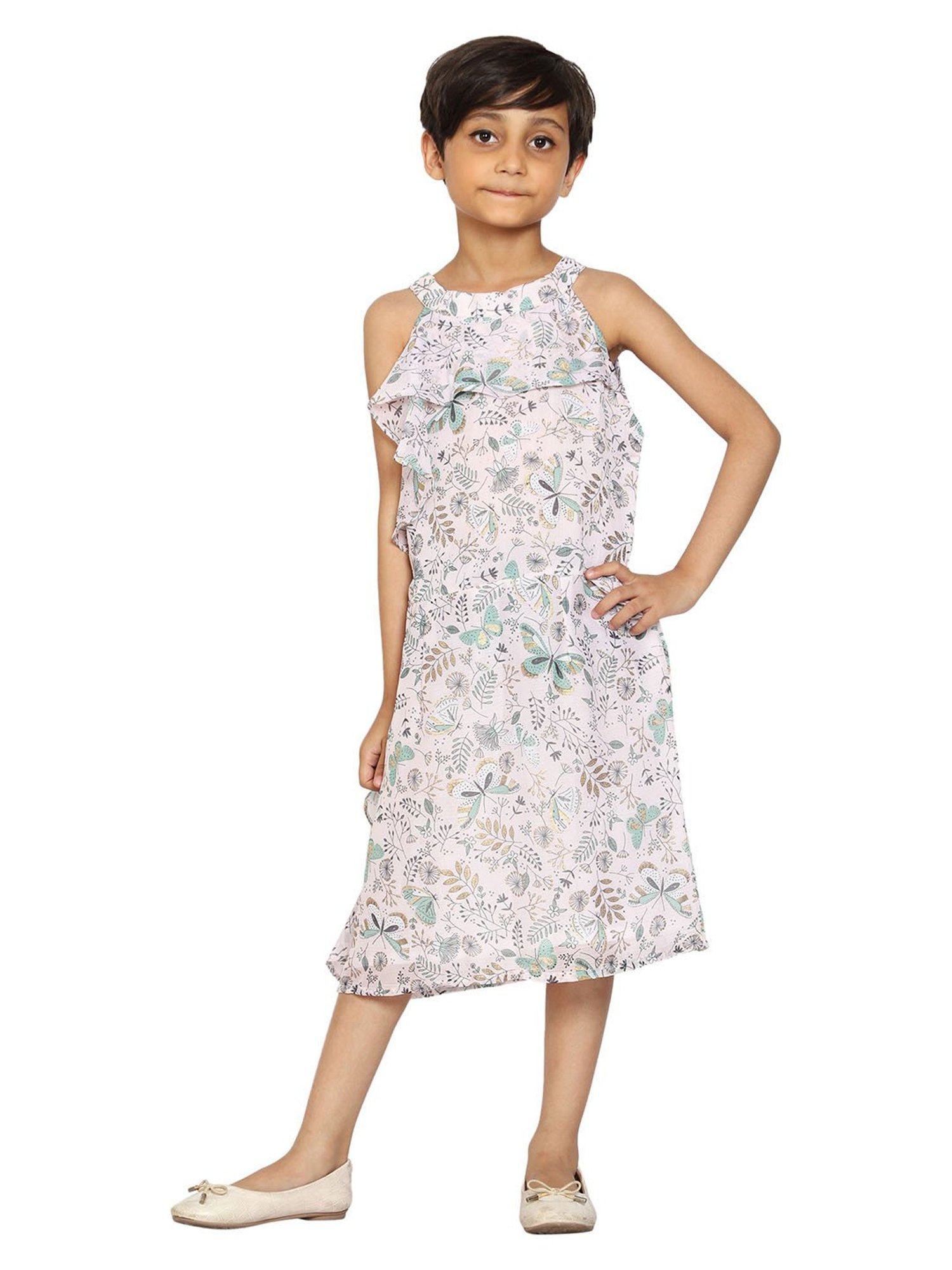 Kiddopanti Kids Light pink Floral Print Dress