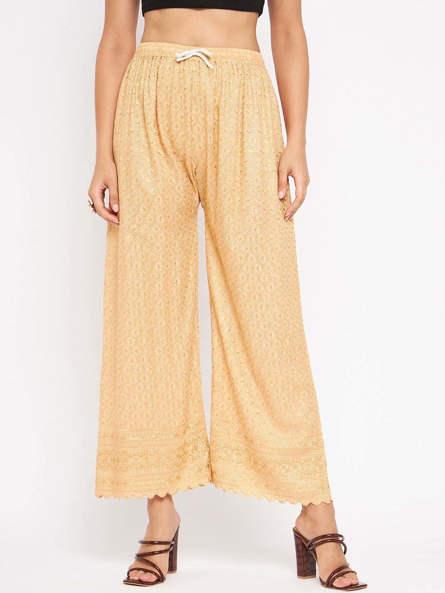 Castle Beige Embroidered Palazzos