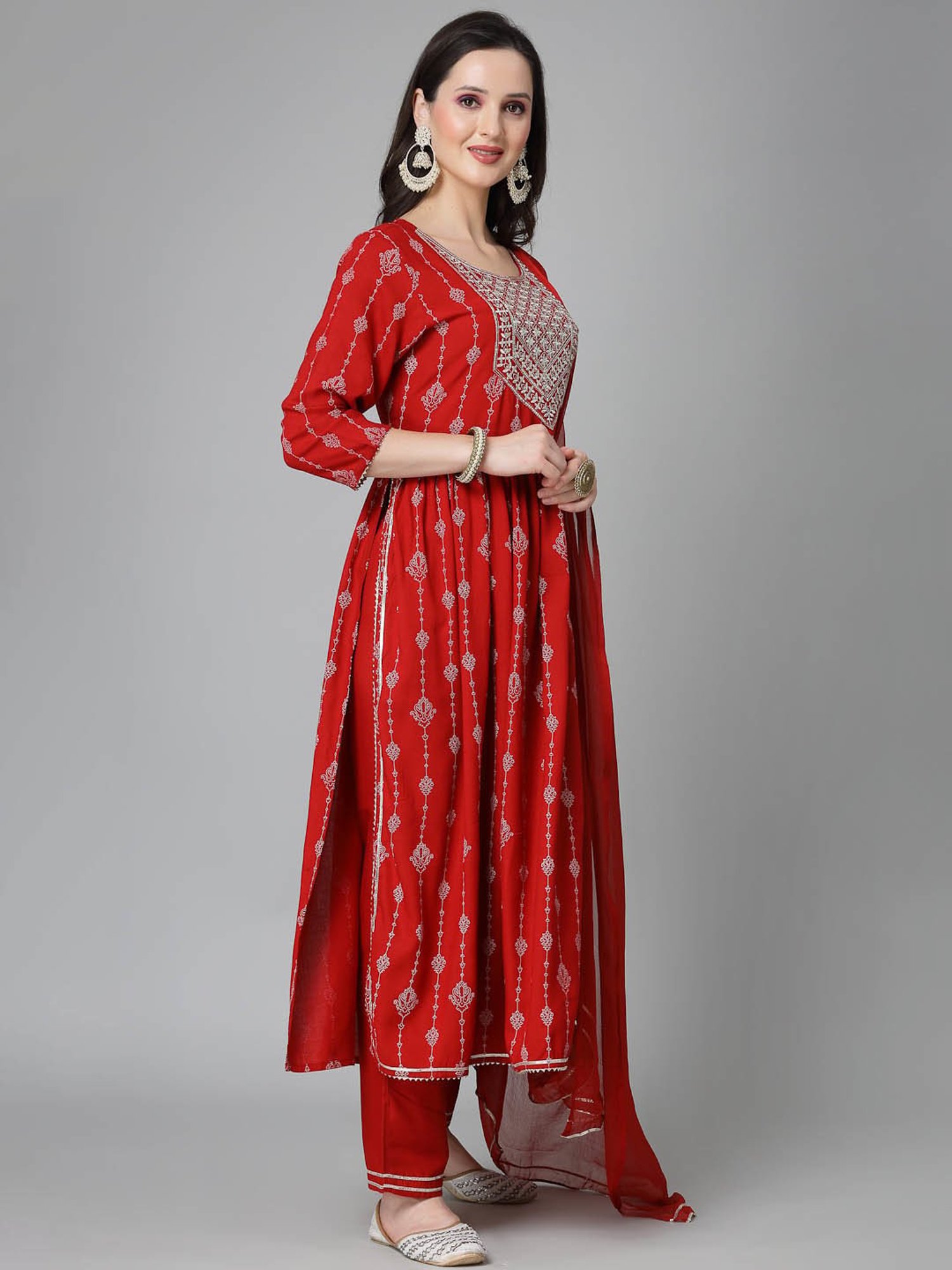 Stylum Red Rayon Embroidered Kurta With Pant & Dupatta