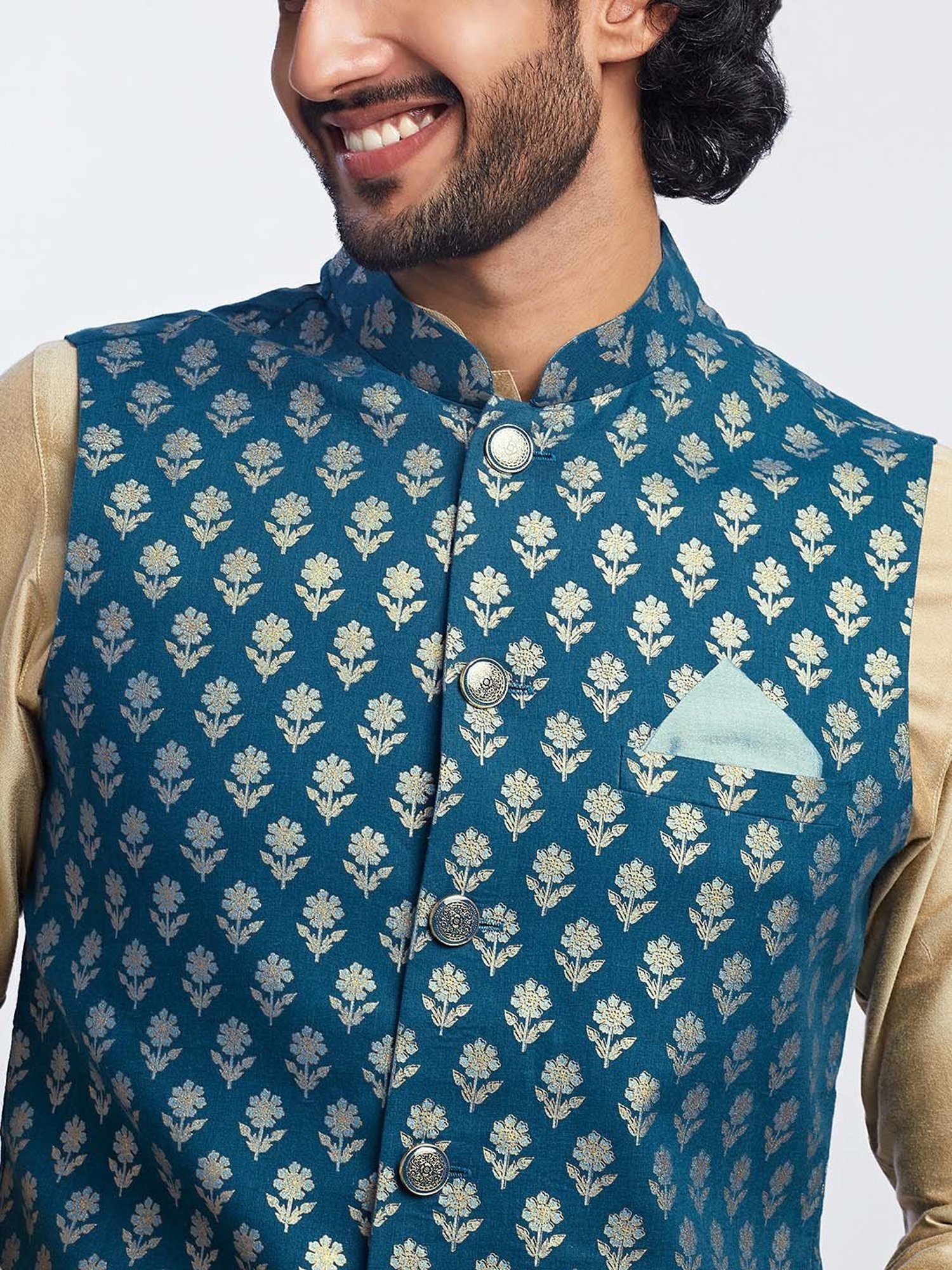 KISAH Teal Regular Fit Printed Nehru Jacket
