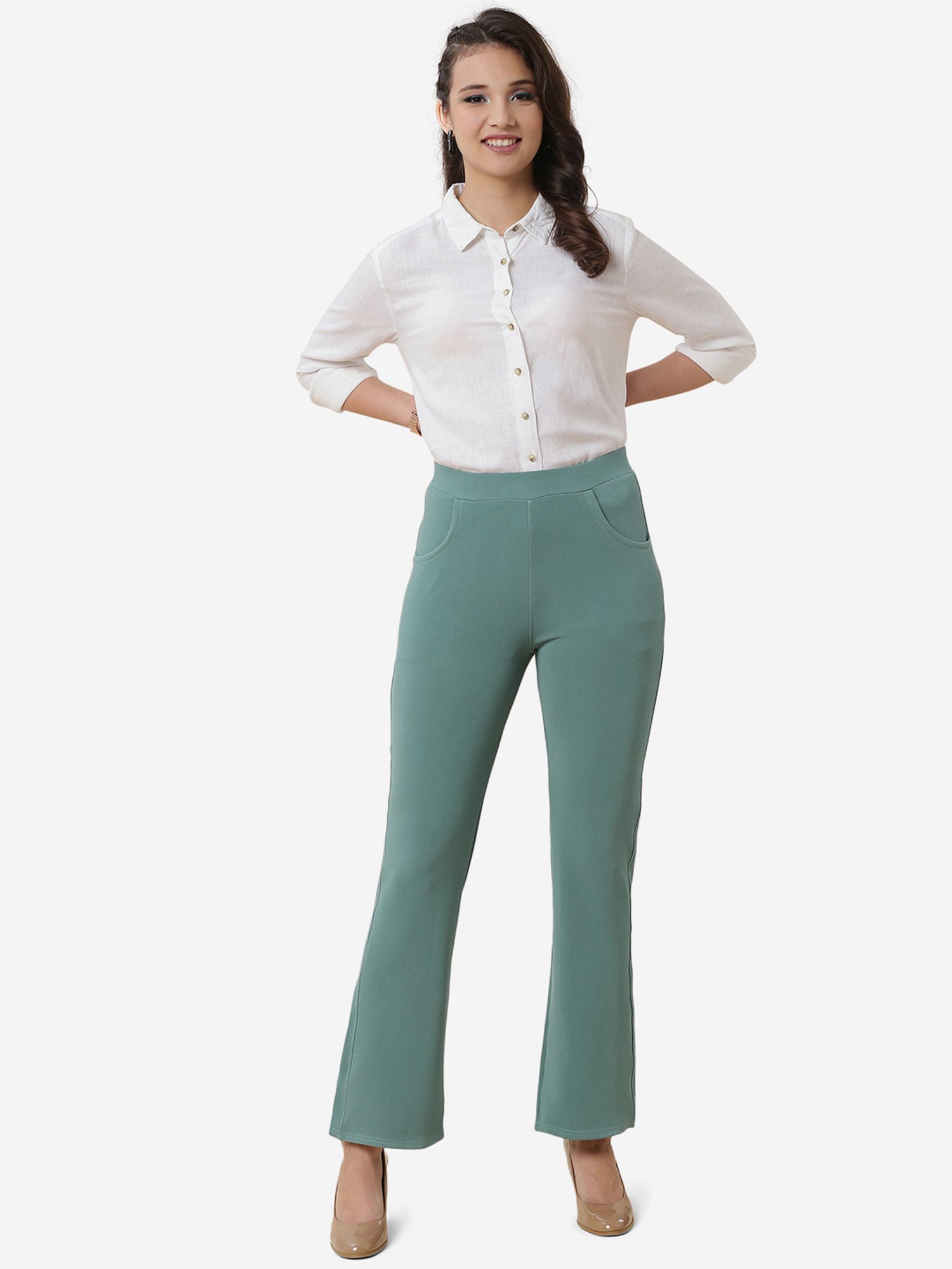 FITHUB Green Regular Fit High Rise Bootcut Trousers