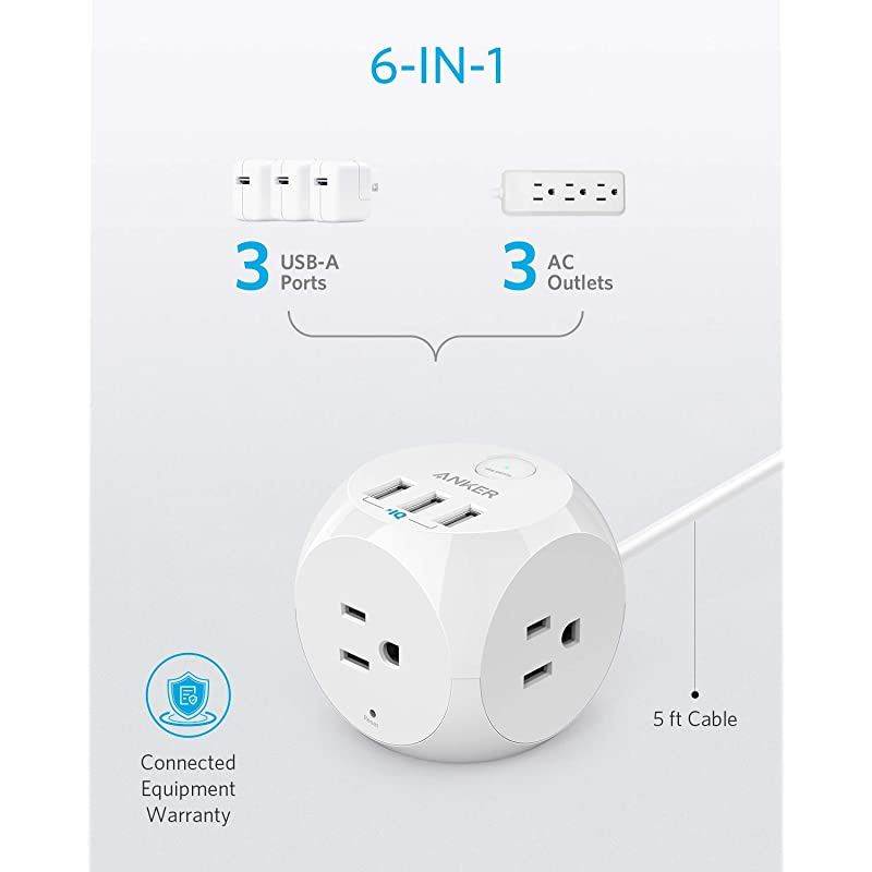 PowerPort Cube USB Power Strip with 3 Outlets and 3 USB Ports Portable Design 5 ft Extension Cord Overload Protection for iPhone XSXR Compact for Travel Cruise Ship and Office
