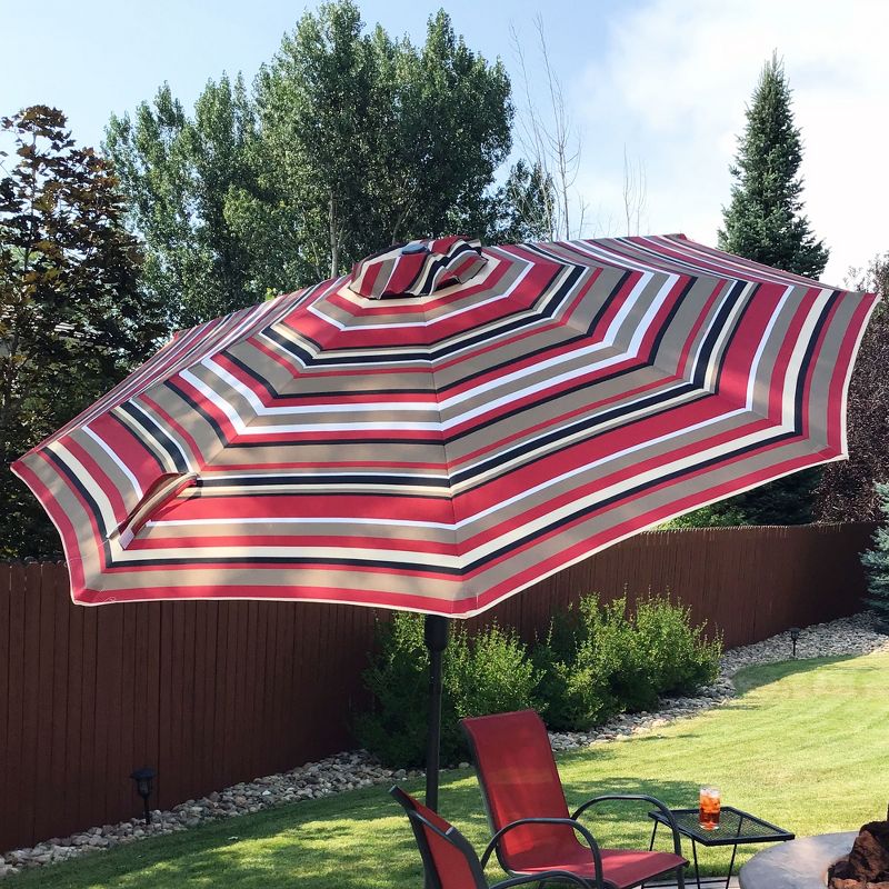 Sunnydaze Outdoor Aluminum Patio Umbrella with Solar LED Lights, Tilt, and Crank - 9' - Awning Stripe