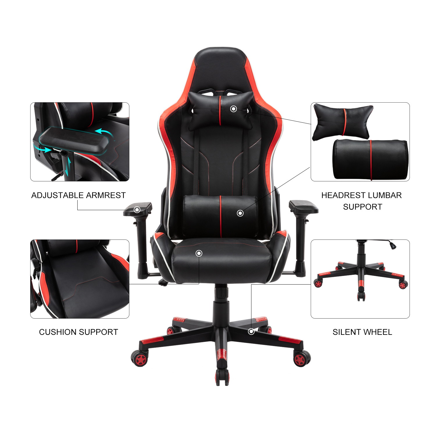Gaming Chair Ergonomic PU Leather Office Chair High Back Computer Chair Adjustable Back Desk Chair with Adjustable Armrests Headrest and Lumbar Support