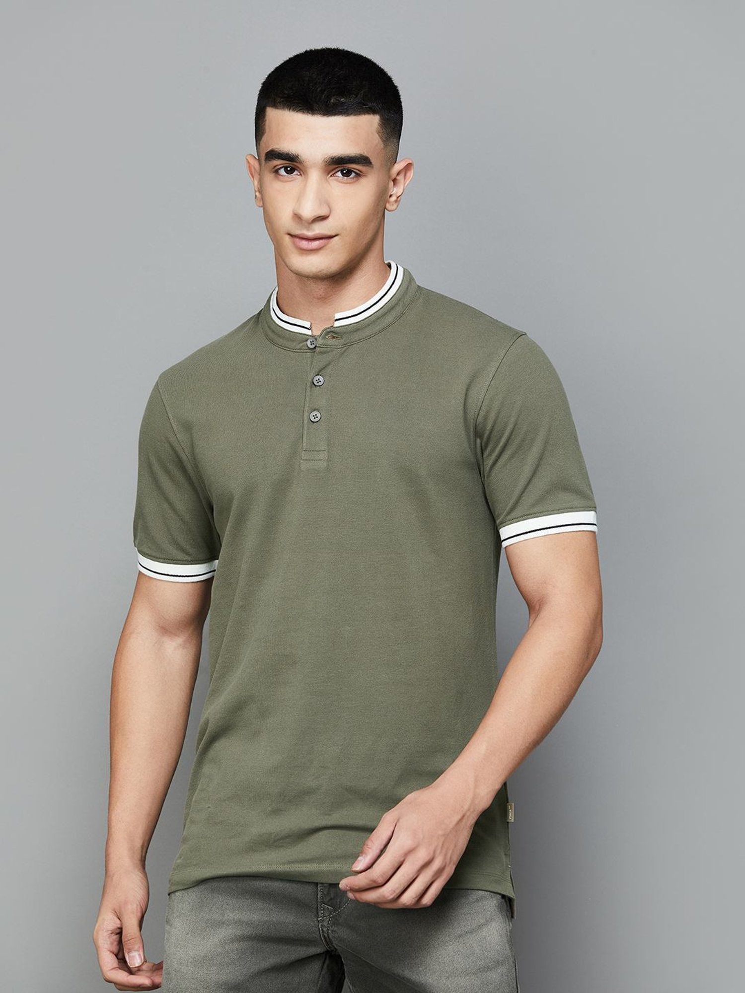 Forca by Lifestyle Olive Regular Fit Henley T-Shirts
