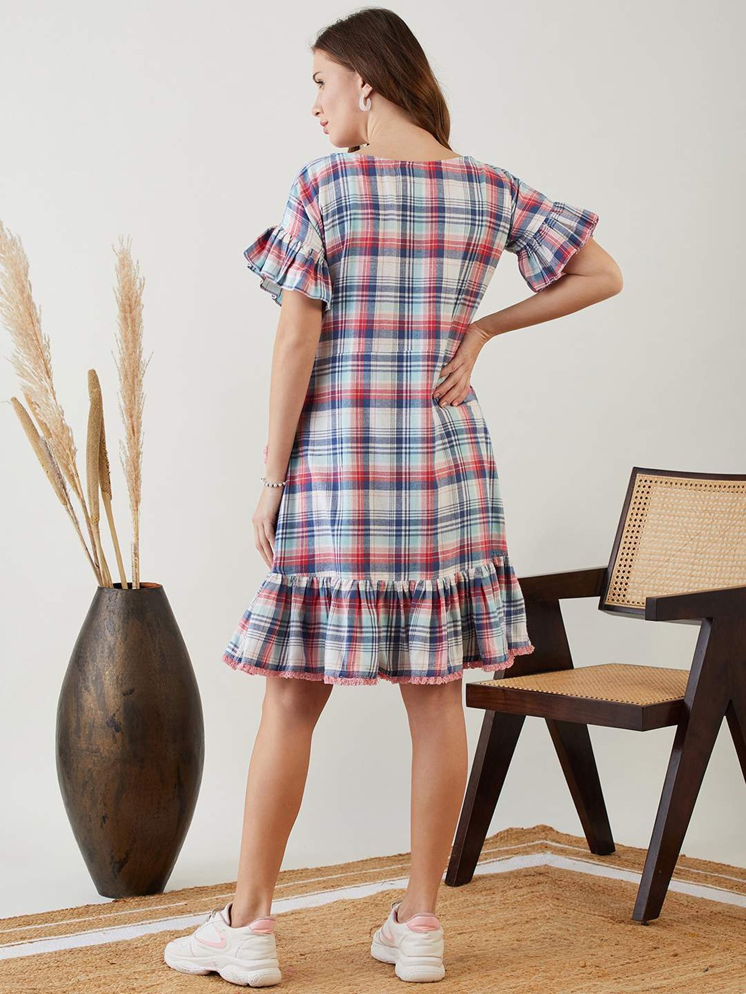 The Kaftan Company Pink Cotton Chequered A-Line Dress