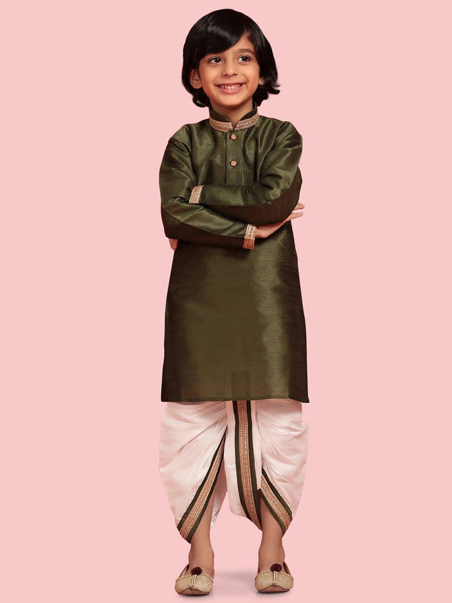 AJ Dezines Kids Olive Green & White Embroidered Full Sleeves Kurta Set