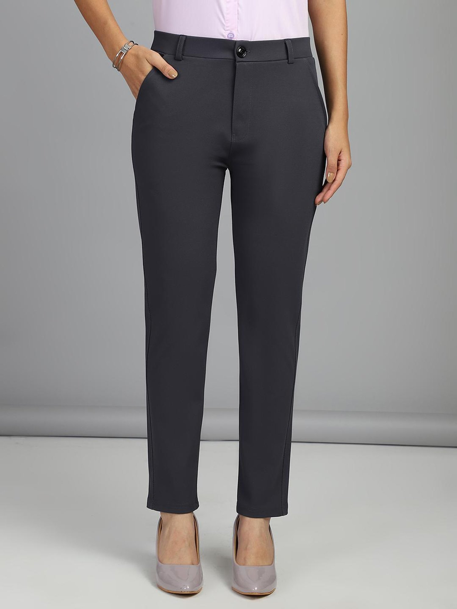 FITHUB Dark Grey Skinny Fit High Rise Formal Trousers