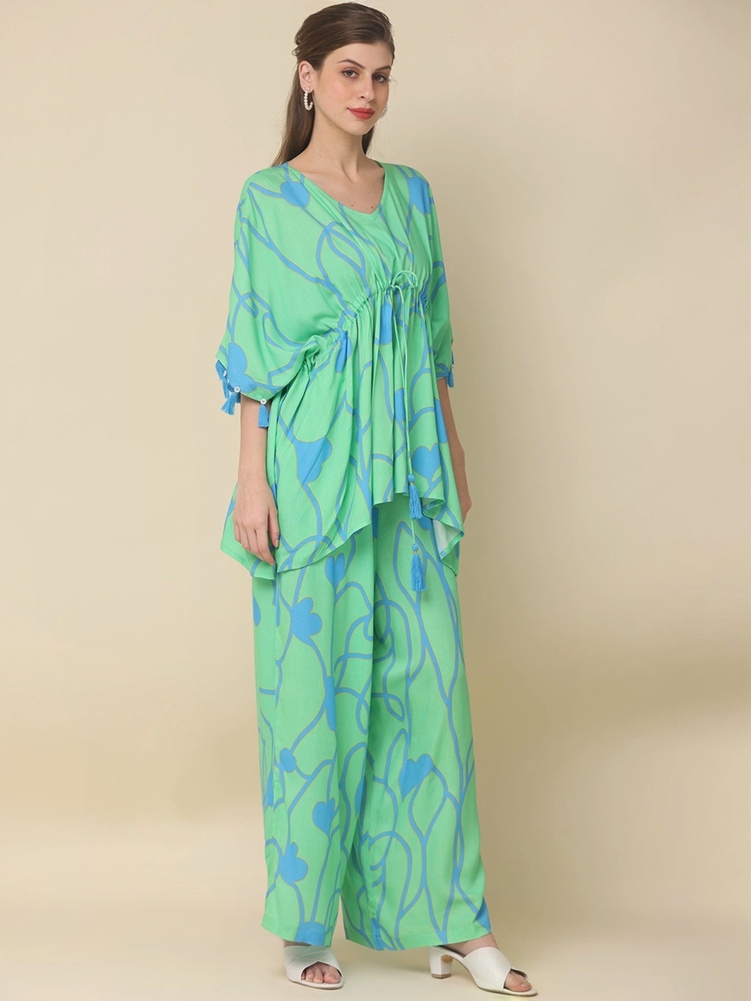 Zolo Label Green Cotton Printed Top Palazzo Set