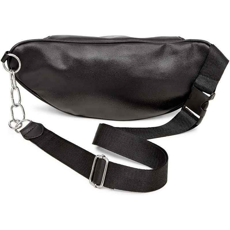 Black Faux Leather Fanny Pack for Women, Traveling Belt Bag Pouch with Adjustable Waist Strap (33"-52")