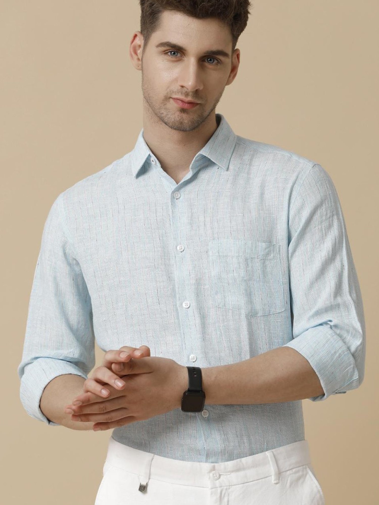 Linen Club Blue Linen Contemporary Fit Striped Shirt