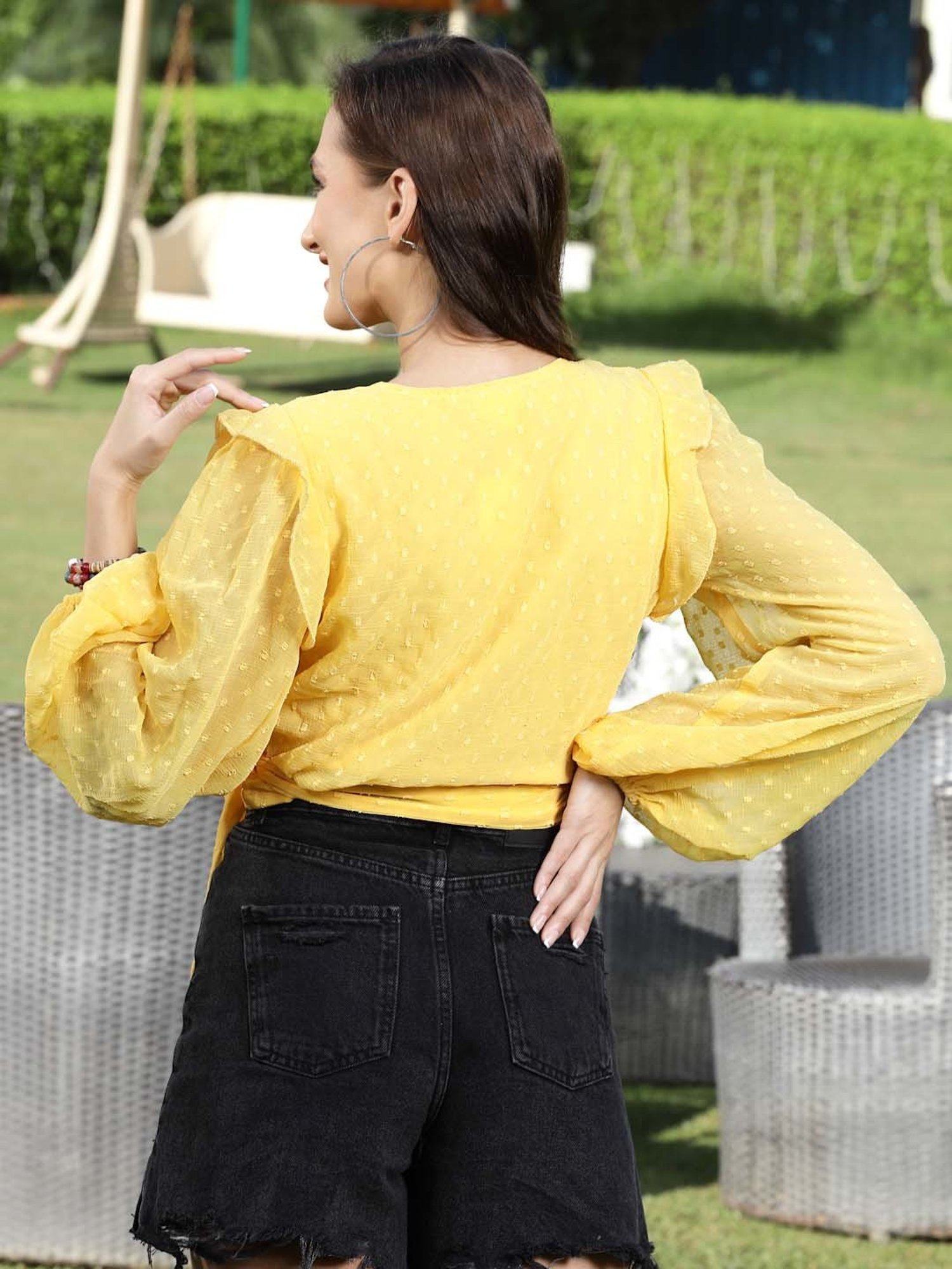 Sera Yellow Self Pattern Crop Top