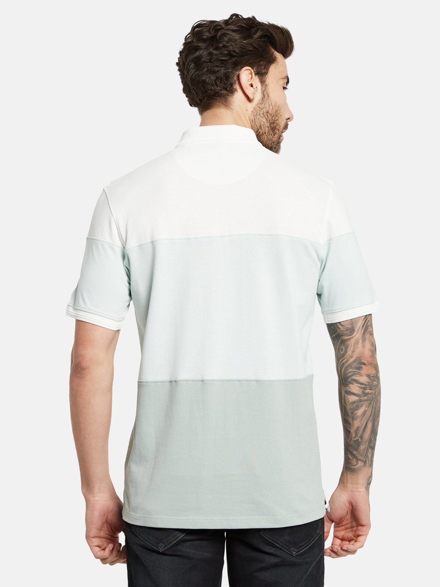 Octave Dusty Mint Cotton Regular Fit Colour Block Polo T-Shirt