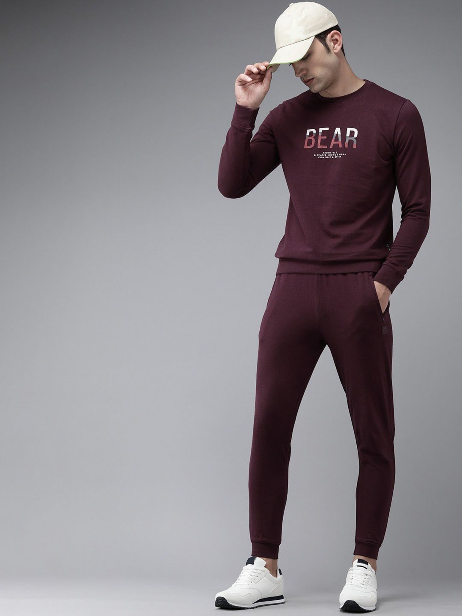 The Bear House Maroon Cotton Slim Fit Graphic Print Tracksuit