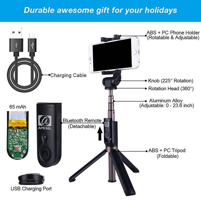 2-in-1 Extendable Selfie Stick Monopod Tripod Stand with Wireless Remote Shutter for iPhone 11/11 Pro/11 Pro Max/XS/XS Max/XR/X/8/8+, Galaxy Note 10/10+/S10/S10+, OnePlus, Huawei and More