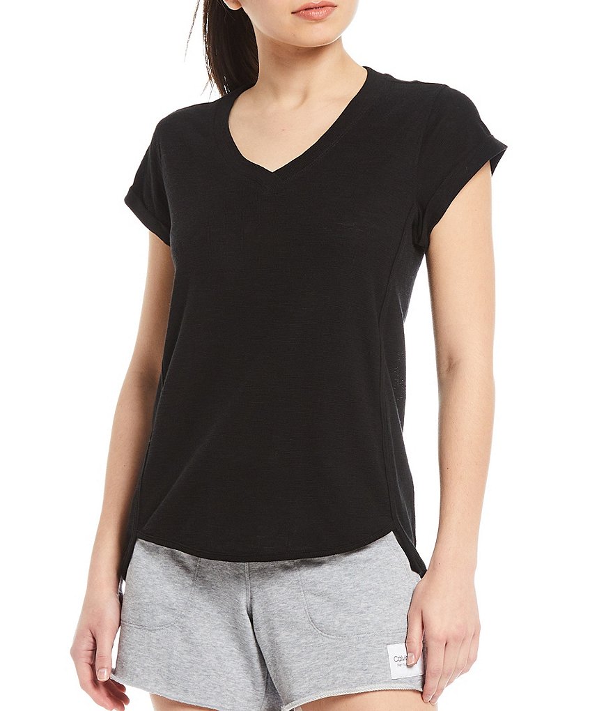 Calvin Klein Performance Tic Tac Toe Roll Cuff Short Sleeve V-Neck Top