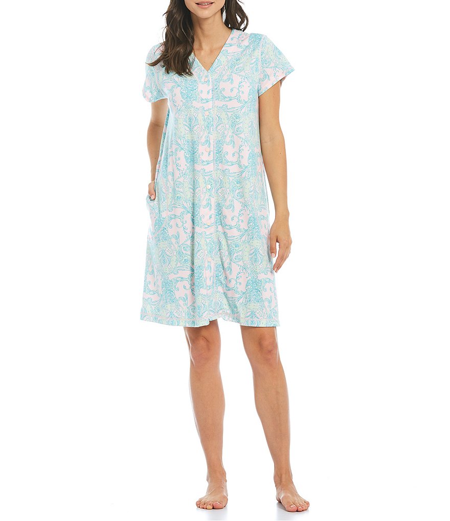 Miss Elaine Paisley Print Interlock Knit Grip-Front Short Robe