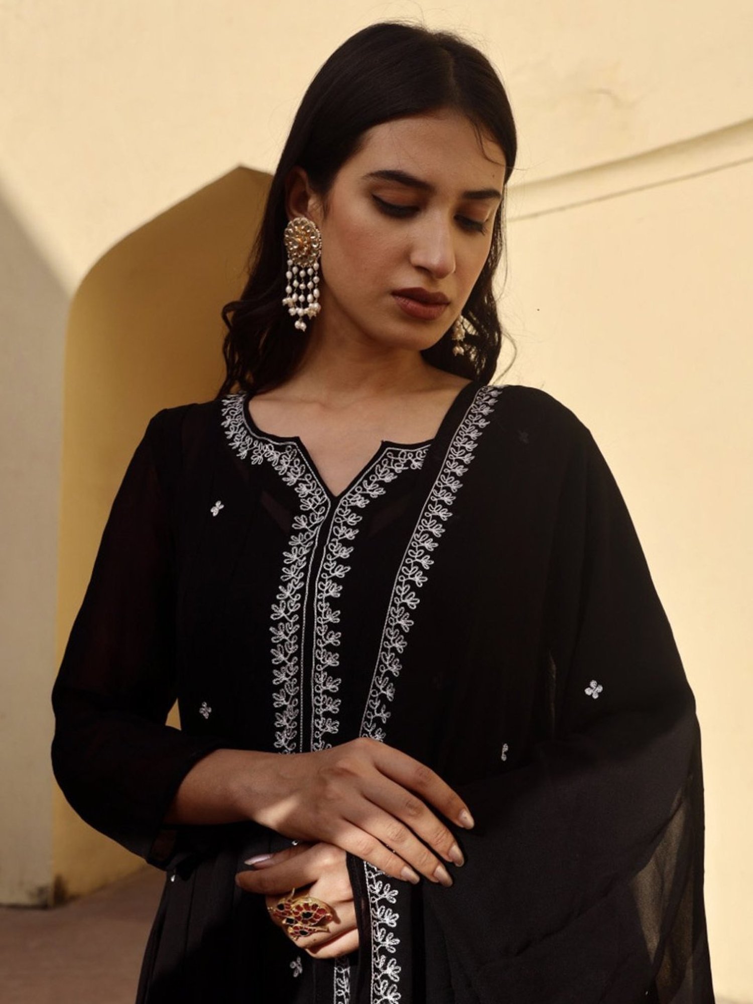 Asrumo Black Georgette White Dot Anarkali Set