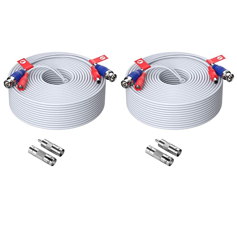 2 Pack 150ft 45 Meters AllinOne Video Power Cable BNC Extension Surveillance Camera Cables for Video Security DVR Camera Systems Included 2X BNC Connectors and 2X RCA AdaptersWhite Color