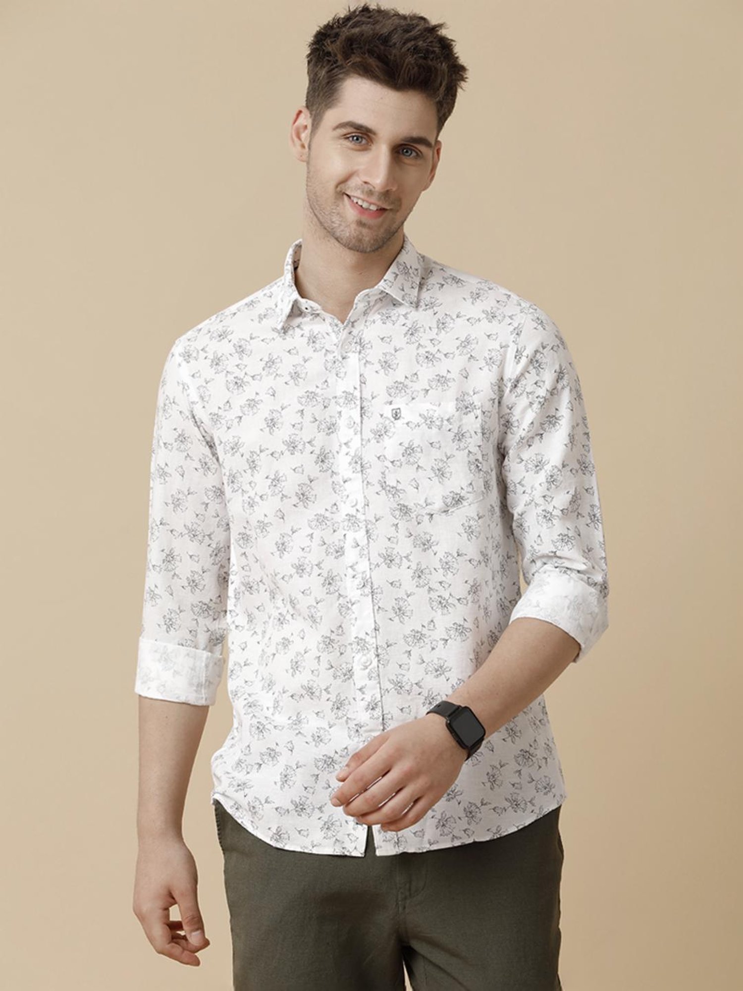 Linen Club White Linen Contemporary Fit Printed Shirt
