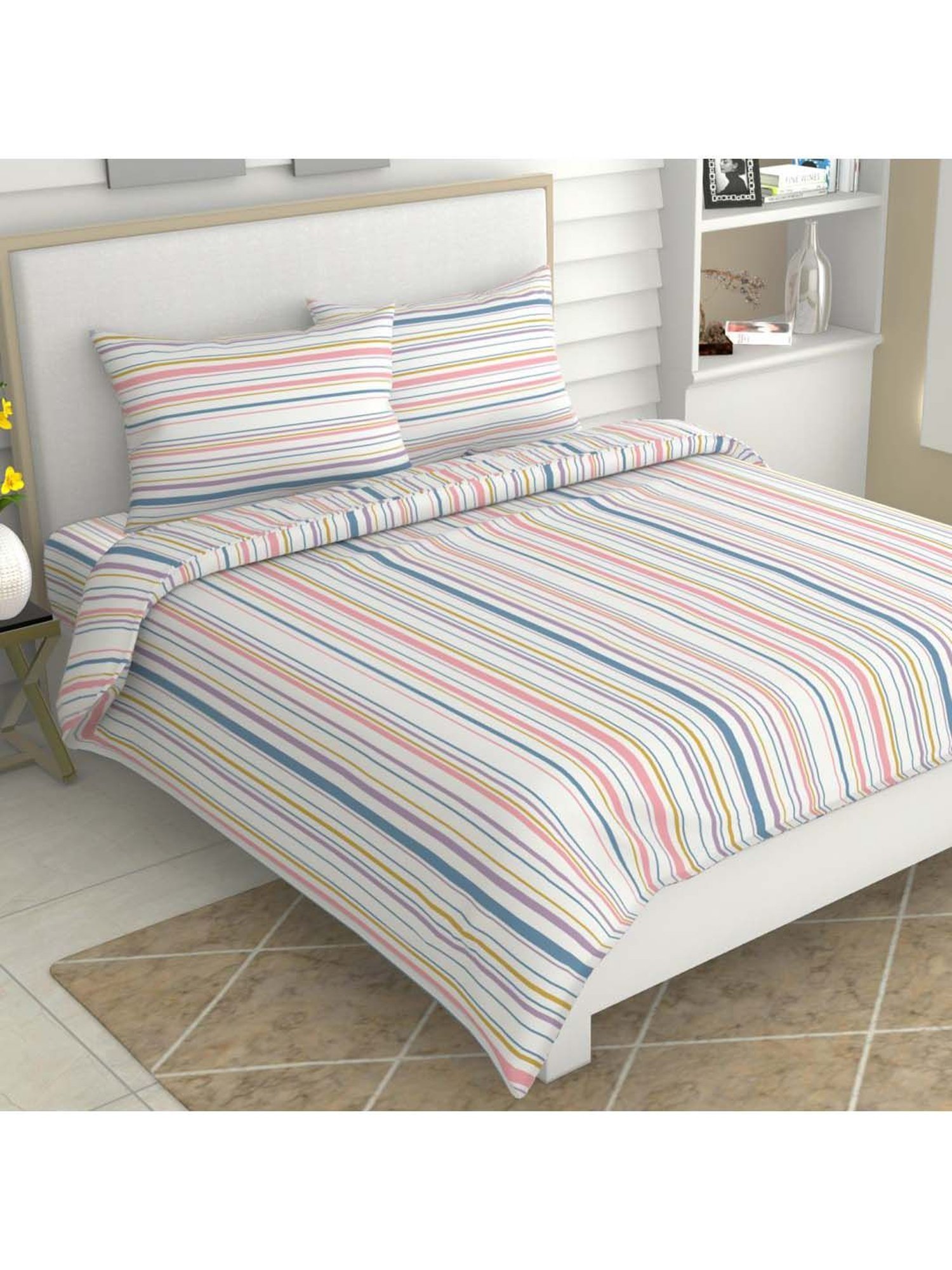 Haus & Kinder Multicolor Cotton 186 TC King Bedsheet with 2 Pillow Covers