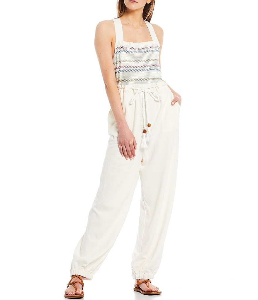 Free People Sienna Square Neck Sleeveless Smocked Open Back Jumpsuit
