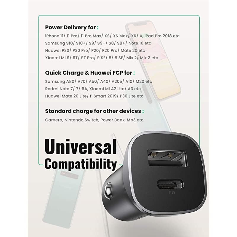PD Fast Car Charger 18W USB C and USB A Dual Ports Metal Mini Car Adapter Compatible with iPhone SE 11Pro 11 MAXXSXRX876Plus iPad ProAirMini Galaxy S10 S9 S8 S7 S6 Note LG etc