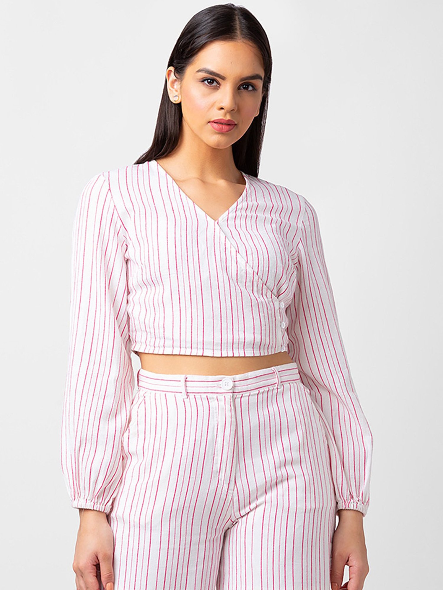 Spykar White & Pink Cotton Striped Top