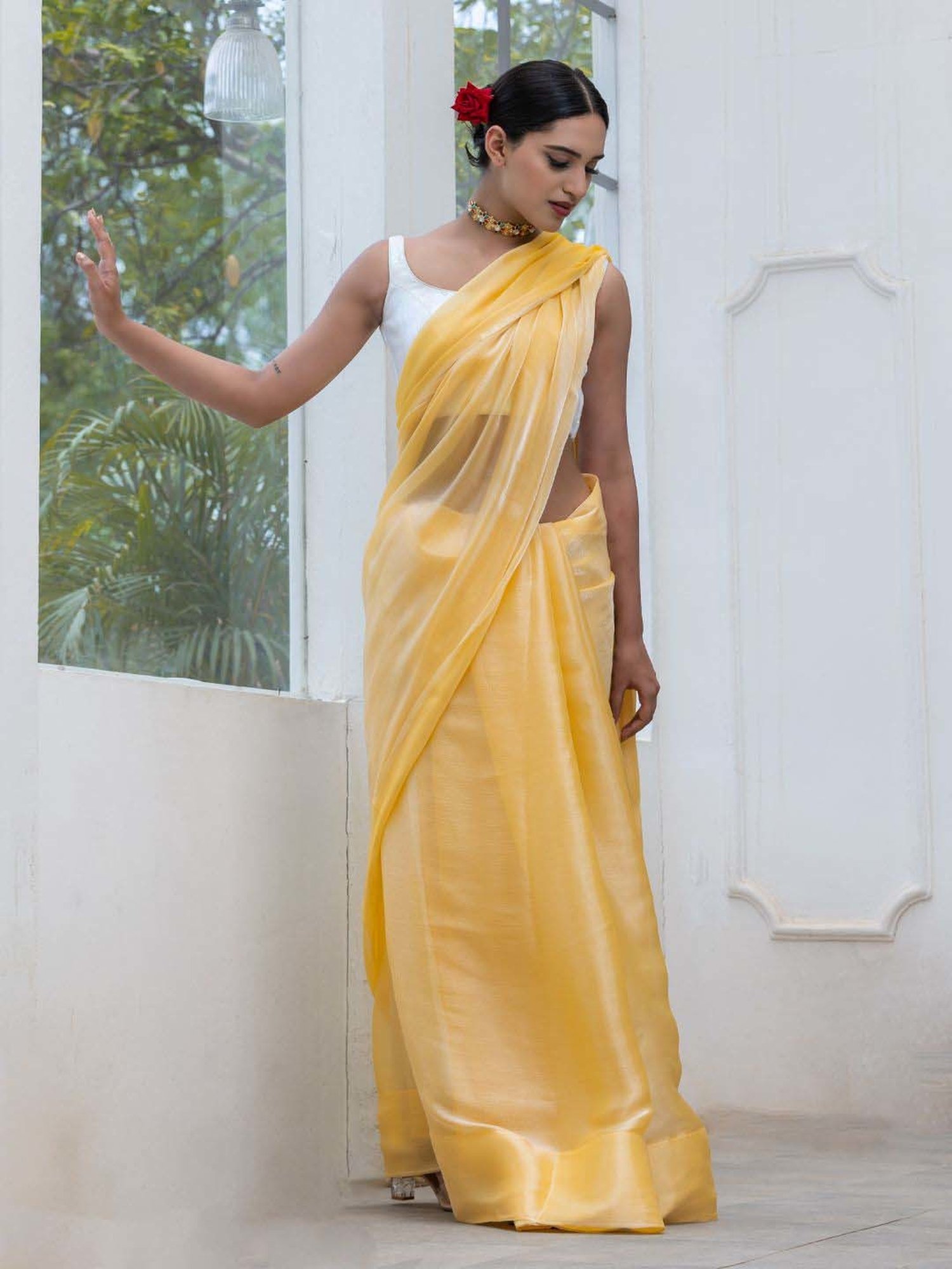 Swtantra Yellow Woven Saree With Unstitched Blouse