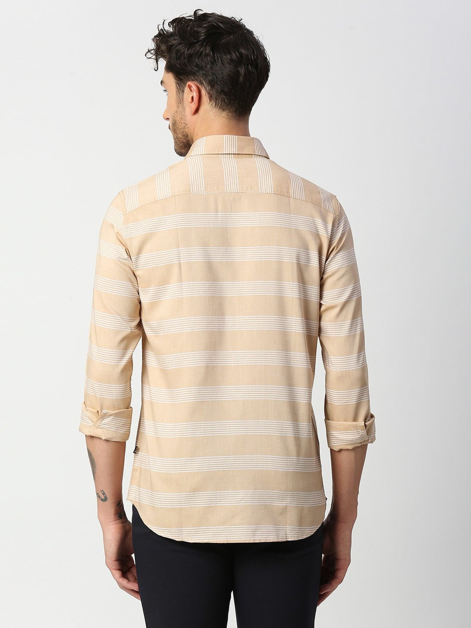 SOLEMIO Beige Slim Fit Striped Shirt