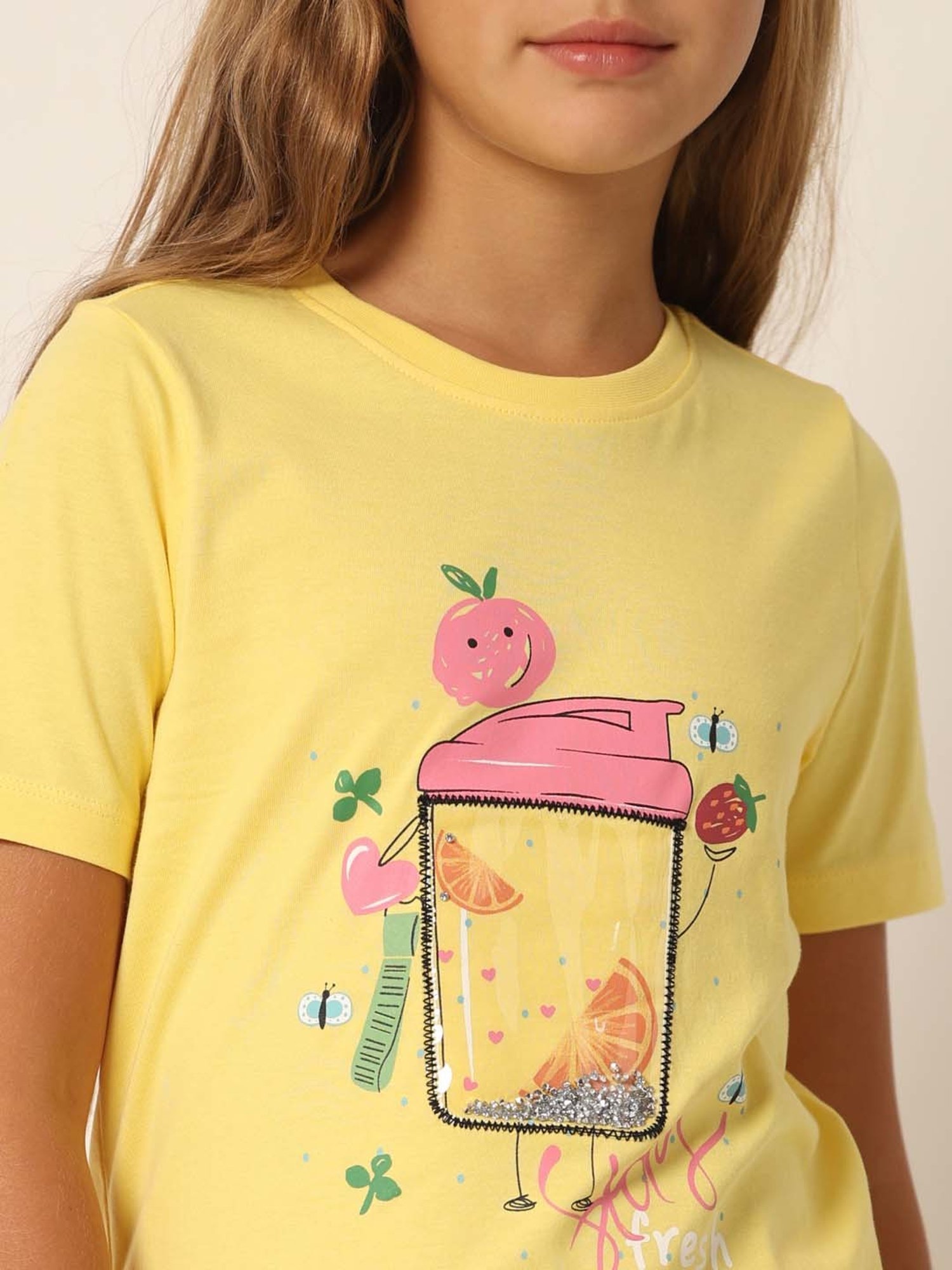 VERO MODA GIRL Yellow Cotton Printed T-Shirt