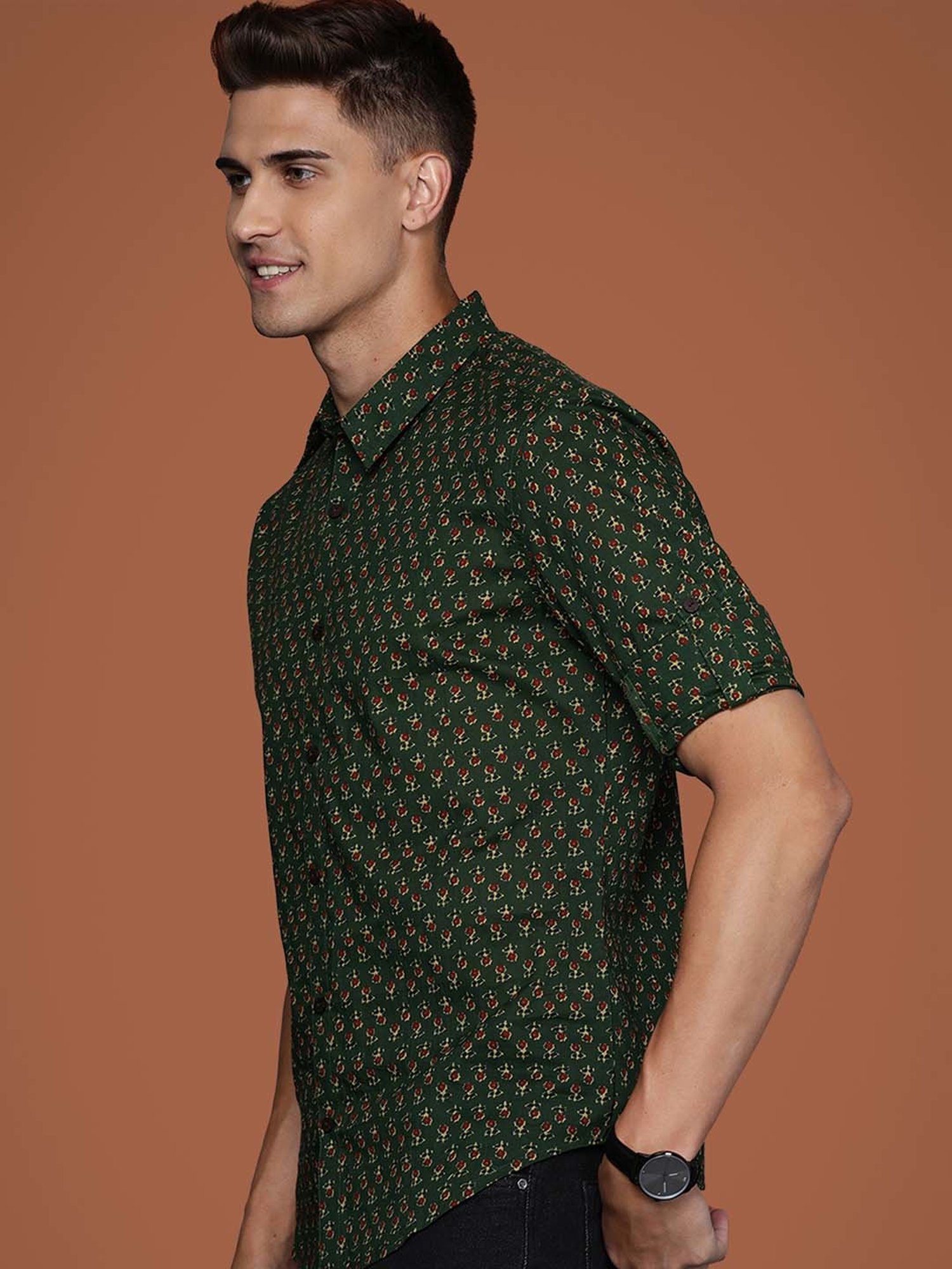Indo Era Green Regular Fit Printed Ethnic Shirt