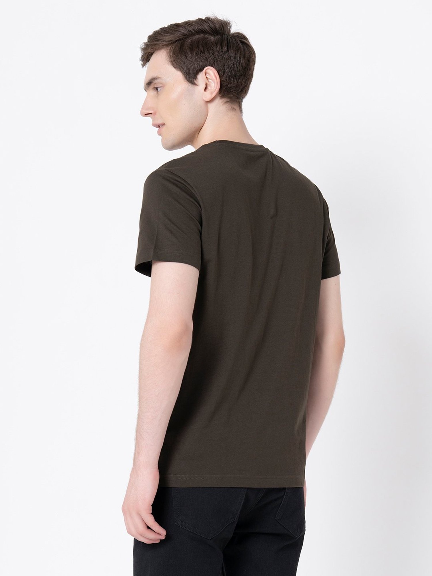 Red Tape Dark Olive Regular Fit Graphic Print Cotton Crew T-Shirt